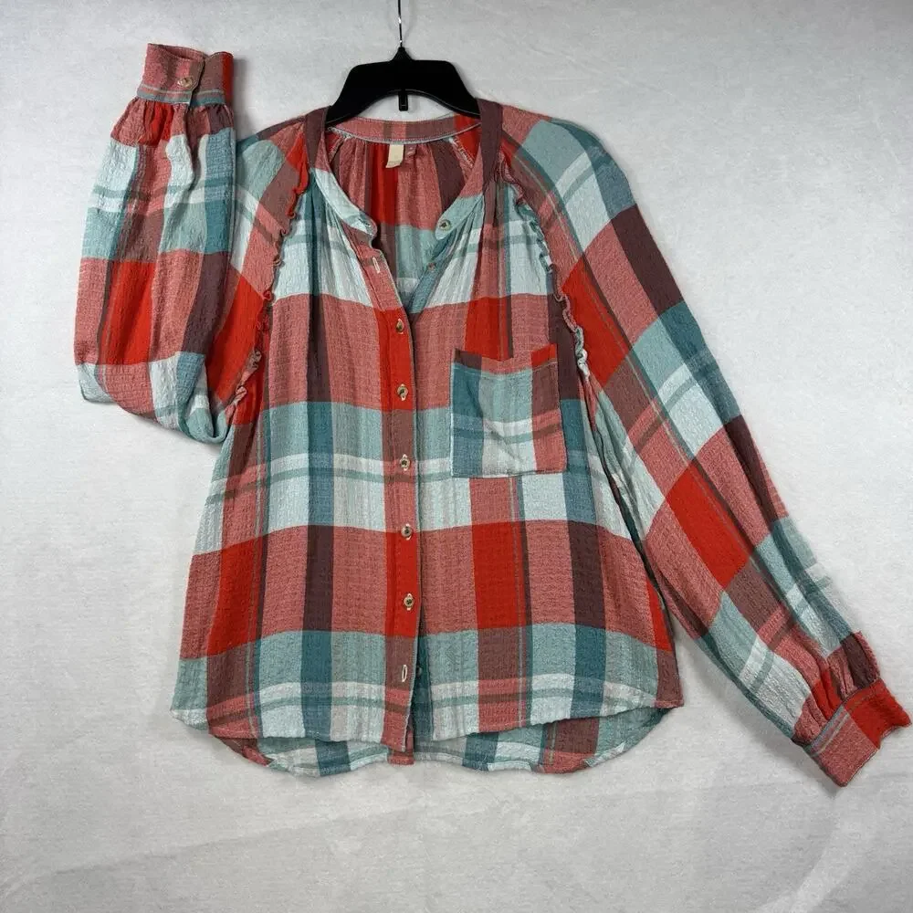 Anthropologie Pilcro Breezy Button down Plaid Blouse Women Medium Red Oversized - Picture 5 of 13